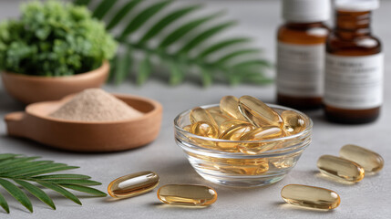 Leafy greens with magnesium powder in small glass bowl. Golden transparency for omega-3 fish oil capsules. Vitamin B12 capsules in clean blister pack. Aesthetic minimalist design for medical magazine.