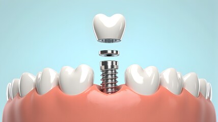 3D Render of Dental Implant Procedure Showing Fixture, Abutment, and Crown in Lower Jaw