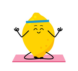 Cute strong Lemon character meditate in yoga pose. Cartoon Lemon gym, health, fitness yoga meditate concept. isolated clipart. Vector illustration .