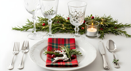 A beautifully decorated Christmas table setting, exuding festive cheer and elegance. The scene features a stylish display of cutlery, glassware, and ornamental accents.