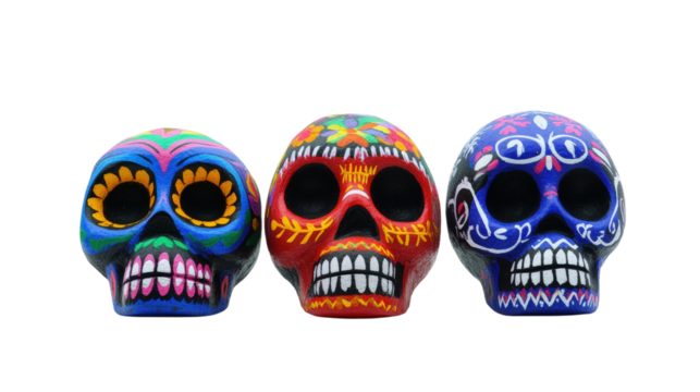 Three colorful decorated sugar skulls isolated on a transparent background - Powered by Adobe