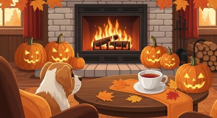 Obraz premium Cozy Autumn Scene With Dog and Pumpkins - A cute dog sits near a table with pumpkins, tea, and a fireplace, capturing the essence of autumn