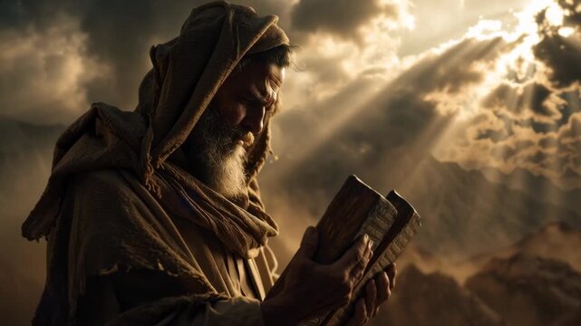 Man in ancient robes reading an old book with rays of light in a dramatic sky, biblical figure studying scriptures, desert life footage.