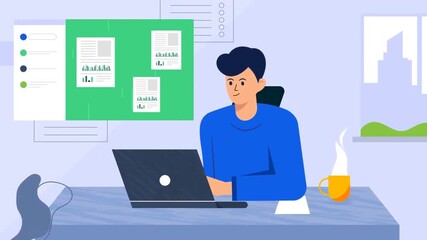 Man working on laptop, office productivity, digital project management, remote work animation - Powered by Adobe