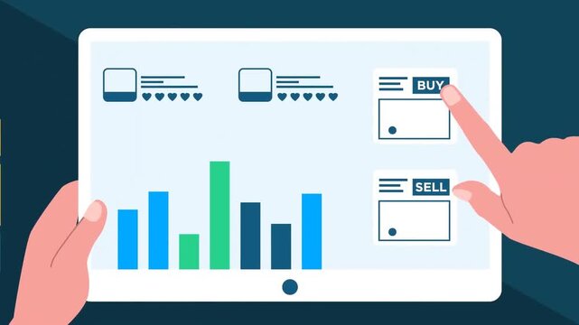 Businessman analyzing financial chart on tablet with bar graph and data growth statistics animation