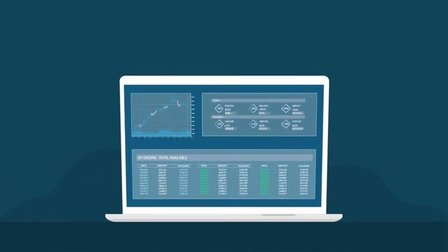 Software developer coding on laptop with system dashboard and programming data animation