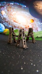 Miniature trestle bridge against a galaxy backdrop