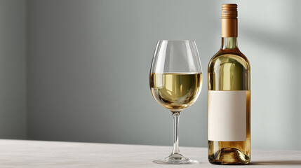 Luxury alcohol drink mockup Bottle and glass with white wine with blank label Free space for text on table against gray background