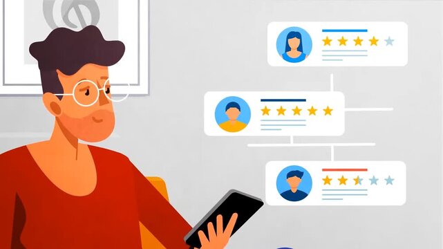 Customer giving online product reviews and feedback with star rating animation
