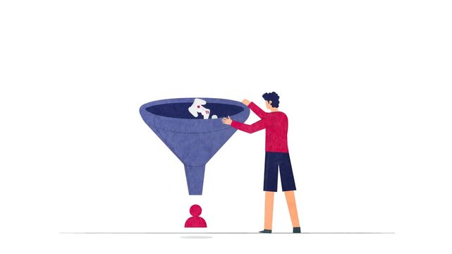 Businessman filtering data with funnel concept and digital marketing analytics animation