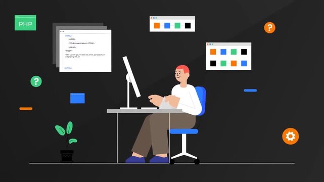 Businessman working late at night with computer and office deadline pressure animation