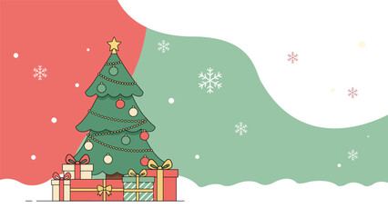 Flat illustration of Christmas tree with decorations gifts and snowflakes on festive background for holiday celebration and winter season design