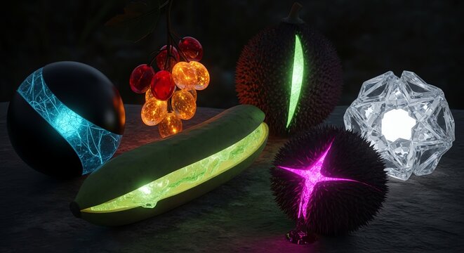 Collection of glowing futuristic orbs and geometric shapes with vibrant neon lights - Powered by Adobe