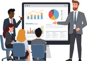Business team presentation with professionals discussing financial data charts and graphs during corporate meeting in office setting