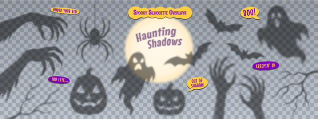 Halloween shadow overlay ghost, zombie and witch hands, bat, pumpkin and spider with vector speech bubbles. Scary transparent shadows of Halloween holiday horror monster silhouettes, overlay effect
