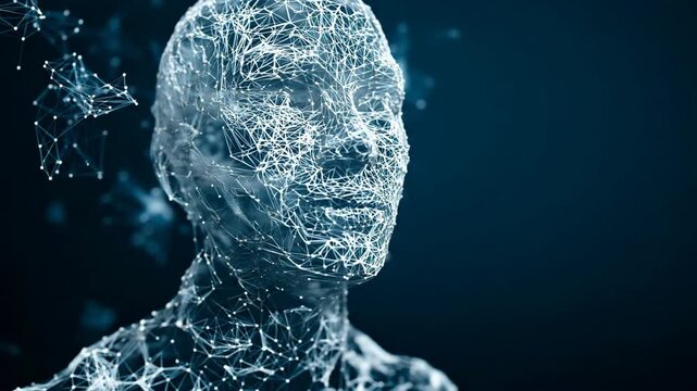 A luminous wireframe human face formed by glowing particles, symbolizing artificial intelligence, neural networks, and futuristic digital identity in cyber space.
