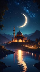 Moonlit mosque by a calm river under starry nights