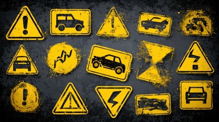 Diverse warning signs highlight various hazards like vehicles and electrical alerts against a textured background, promoting safety.