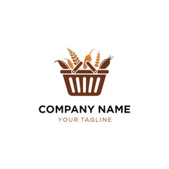 Agricultural Produce Market Basket Logo Design featuring Grains, Vegetables, and Leaves, ideal for Food, Farming, and Grocery Brands on a White Isolated Background, Flat Vector Elements, Vector
