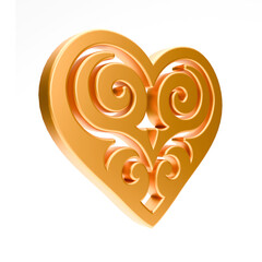 Realistic illustration of shiny golden heart with kazakh ornament isolated on white background. Symbol of love, romantic and Wedding. 3d rendering of heart shape