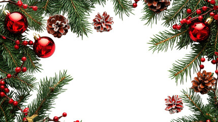 Christmas pine branch frame with ornaments isolated on a transparent background