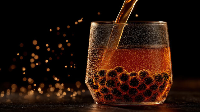 Golden tropical juice pouring into translucent cup with splash and droplets mid-air, warm light accentuation and glossy texture