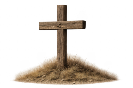 Wooden cross on grassy grave mound transparent background