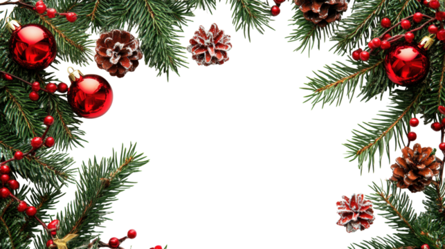 Christmas pine branch frame with ornaments isolated on a transparent background