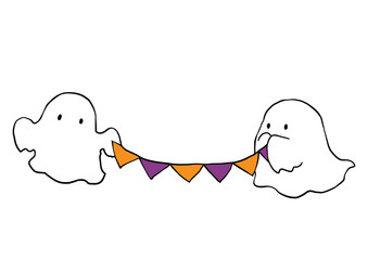 ハロウィンカラーのガーランドを持つオバケ