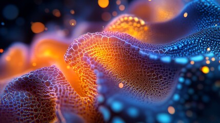 Abstract organic structure with bioluminescent patterns and cellular texture