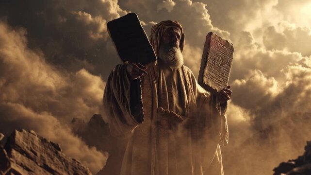Prophet moses holds the ten commandments on stone tablets, biblical story, faith and old testament, historical footage