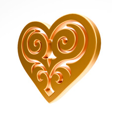 Realistic illustration of shiny golden heart with kazakh ornament isolated on white background. Symbol of love, romantic and Wedding. 3d rendering of heart shape