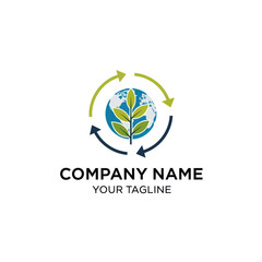 Sustainable Global Earth Logo with Plant and Recycling Arrows for Eco-Friendly Business Branding, Flat Vector Elements, Vector Illustration, Simple Vector, Stylized Vector Drawing, Vector Template,