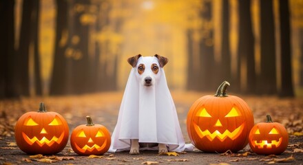Halloween Dog Ghost with Pumpkins - A Jack Russell Terrier in a ghost costume sits among jack-o'-lanterns, evoking Halloween, celebration, and the playful spirit of the holiday season