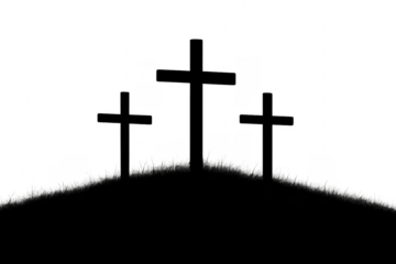 Three crosses silhouetted on a hill representing Calvary on transparent background