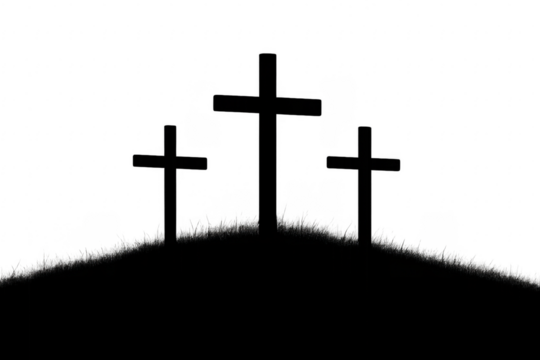 Three crosses silhouetted on a hill representing Calvary on transparent background