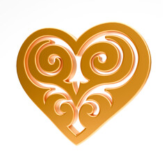 Realistic illustration of shiny golden heart with kazakh ornament isolated on white background. Symbol of love, romantic and Wedding. 3d rendering of heart shape