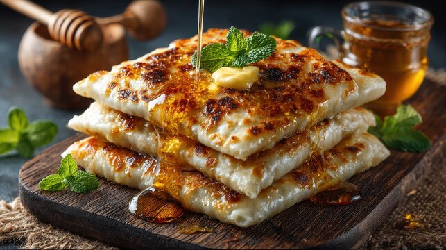 Msemen Morning: Layered square msemen flatbread being folded, golden and crispy, honey drizzle, butter melting, traditional breakfast setting with mint tea
