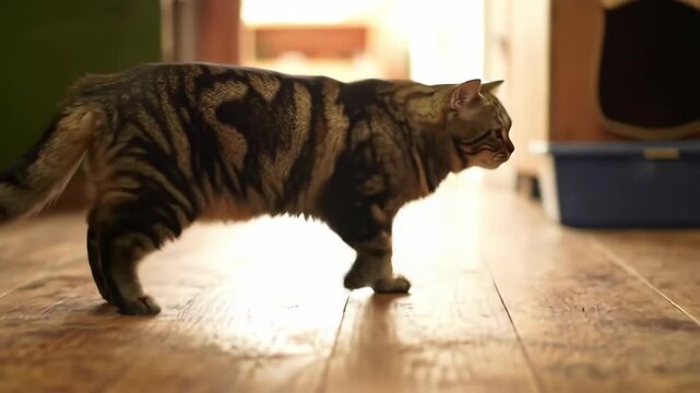 A brown and black tabby cat walks across a wooden floor, seen from the side, showcasing its detailed fur pattern while exploring a domestic interior space, with blurred background elements.