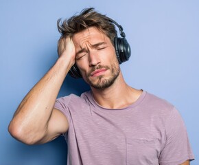 A man wearing headphones, head in hand, appears thoughtful and perhaps experiencing discomfort, set against a muted, periwinkle backdrop.
