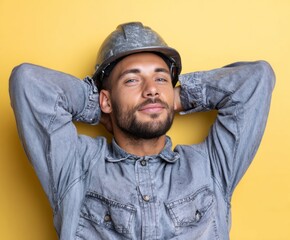 A relaxed construction worker, hands behind head, resting against a bright yellow background.