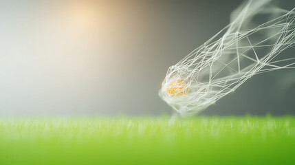 An abstract representation of a fast-moving sports ball, symbolizing energy and motion on a lush green field.