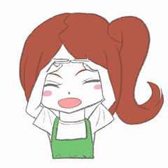 腕で丸を作っているエプロンを着た女の子