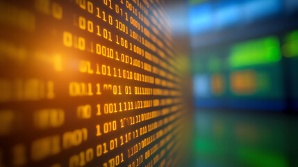 An abstract representation of binary code on a dimly lit background, symbolizing digital data and technology advancement.