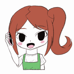 スマホで電話しているエプロンを着た女の子