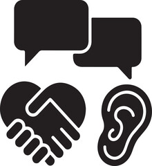 Communication & Understanding Solid Icons Set &ndash; Speech Bubbles, Heart, Handshake, Ear, Connection and Interaction Symbols