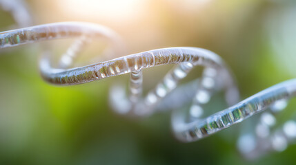 Close-up of a spiraling DNA strand, showcasing its intricate structure and design with blurred green background.