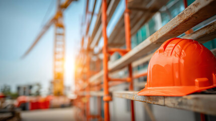 Close-up of an orange safety helmet on construction scaffolding, symbolizing safety and hard work in modern building projects.