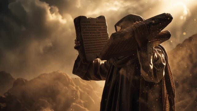 Ancient man, possibly Moses, holding the stone tablets with commandments in a biblical desert scene under dramatic sky footage.
