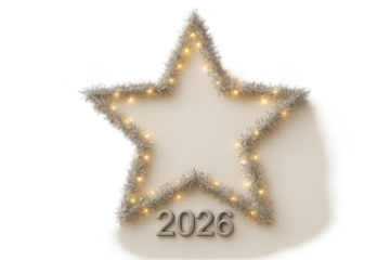 2026 year written below glowing silver star decorated with tinsel and lights on transparent or white background, ideal for holiday, celebration, or new year themes